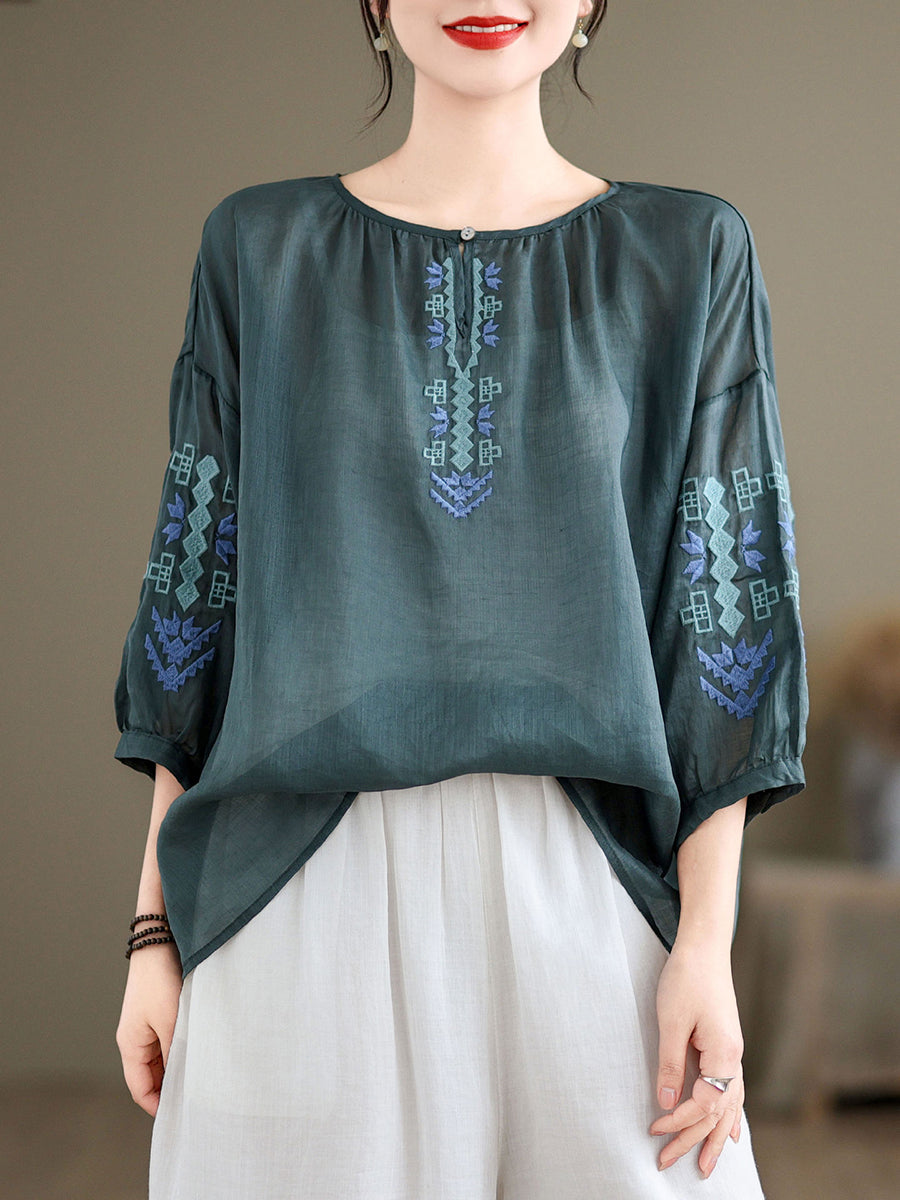 Artsy Summer Embroidery O-neck Ramie Blouse Kl1019