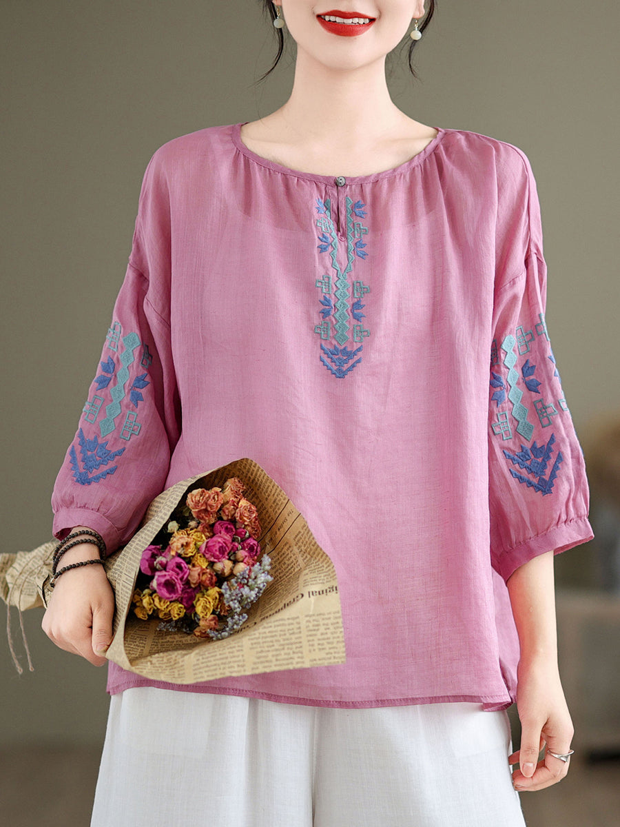 Artsy Summer Embroidery O-neck Ramie Blouse Kl1019