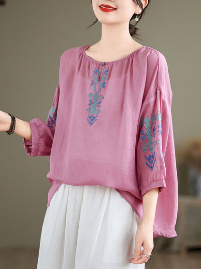 Artsy Summer Embroidery O-neck Ramie Blouse Kl1019
