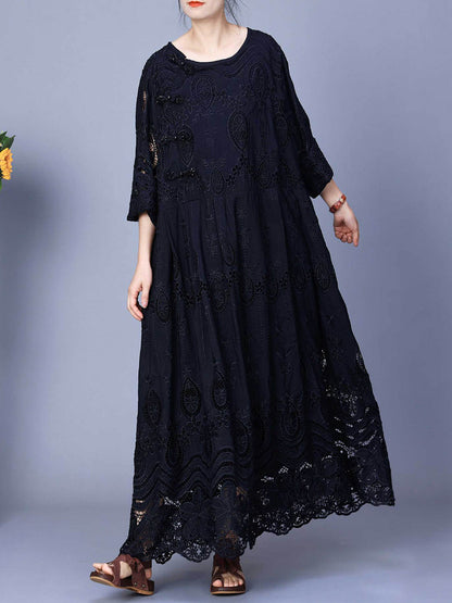 Summer Artsy Embroidery Loose Maxi Dress Aa1031