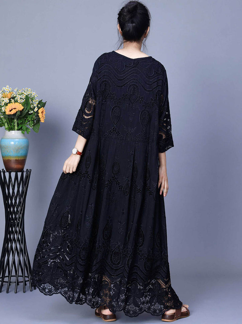 Summer Artsy Embroidery Loose Maxi Dress Aa1031