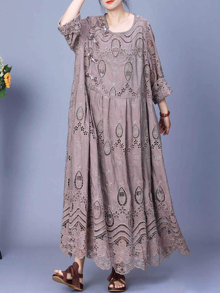 Summer Artsy Embroidery Loose Maxi Dress Aa1031