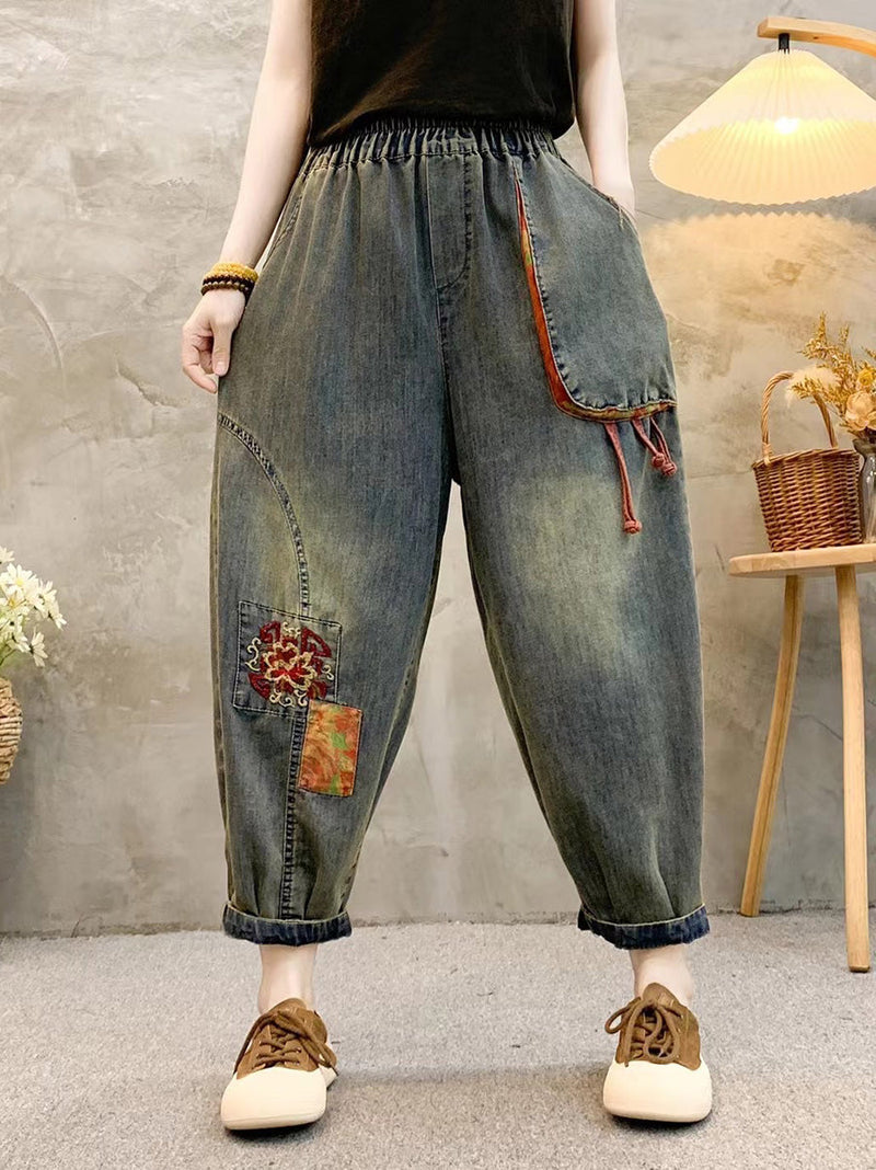 Retro Patch Embroidery Denim Harem Pants Qw1026