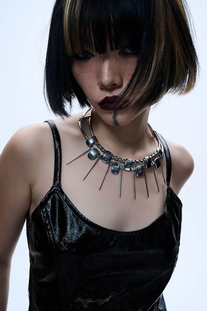 Double-strand Metallic Spike Choker Necklace
