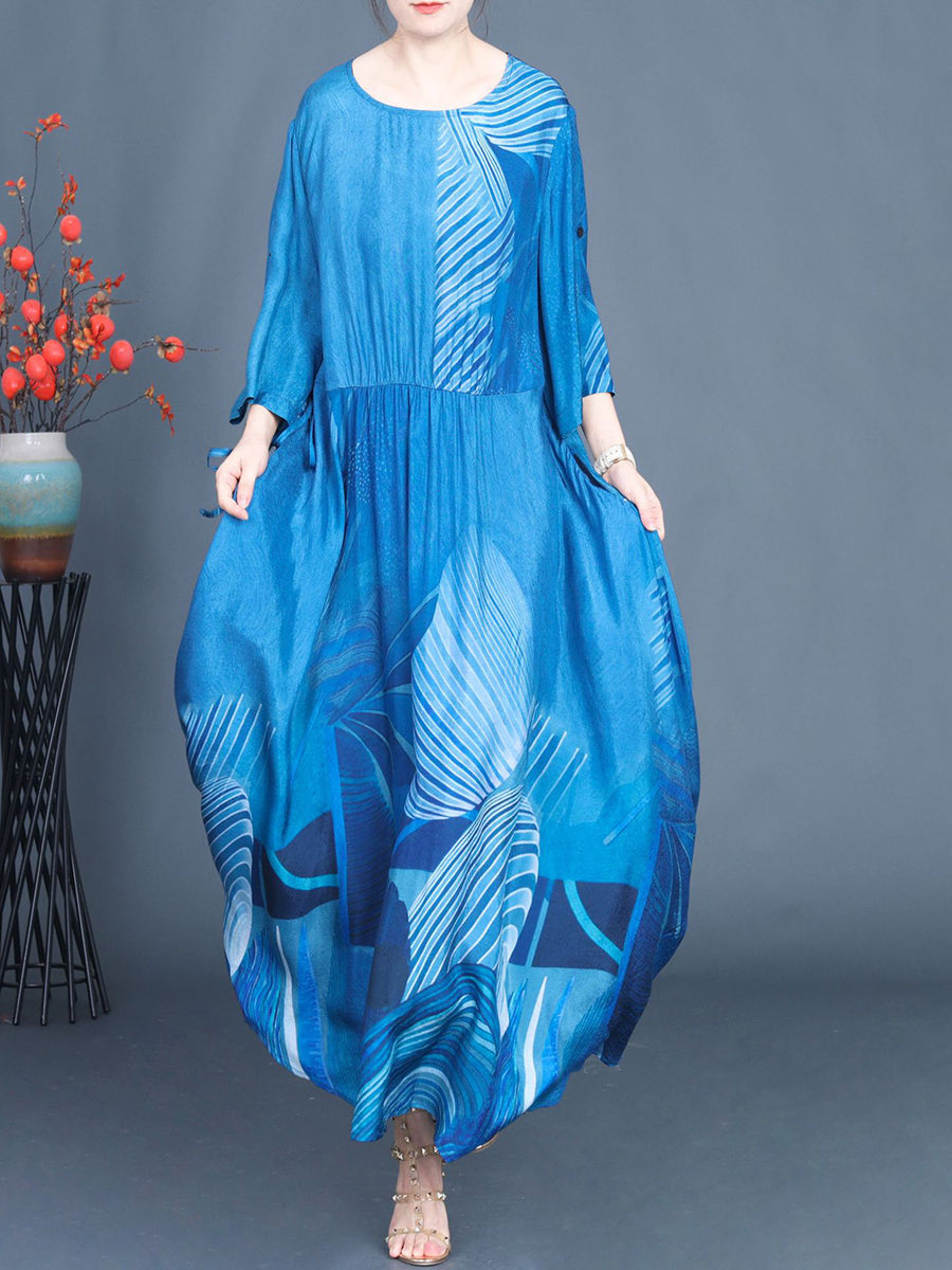 Summer Print Blue O-neck Maxi Dress As1040