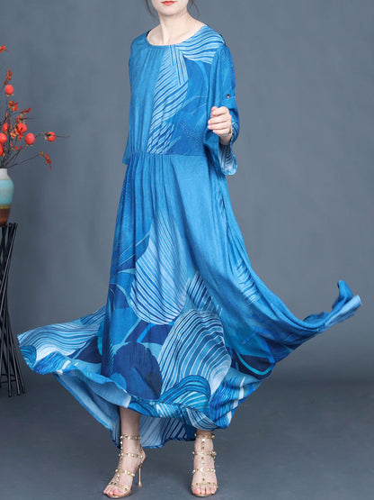 Summer Print Blue O-neck Maxi Dress As1040