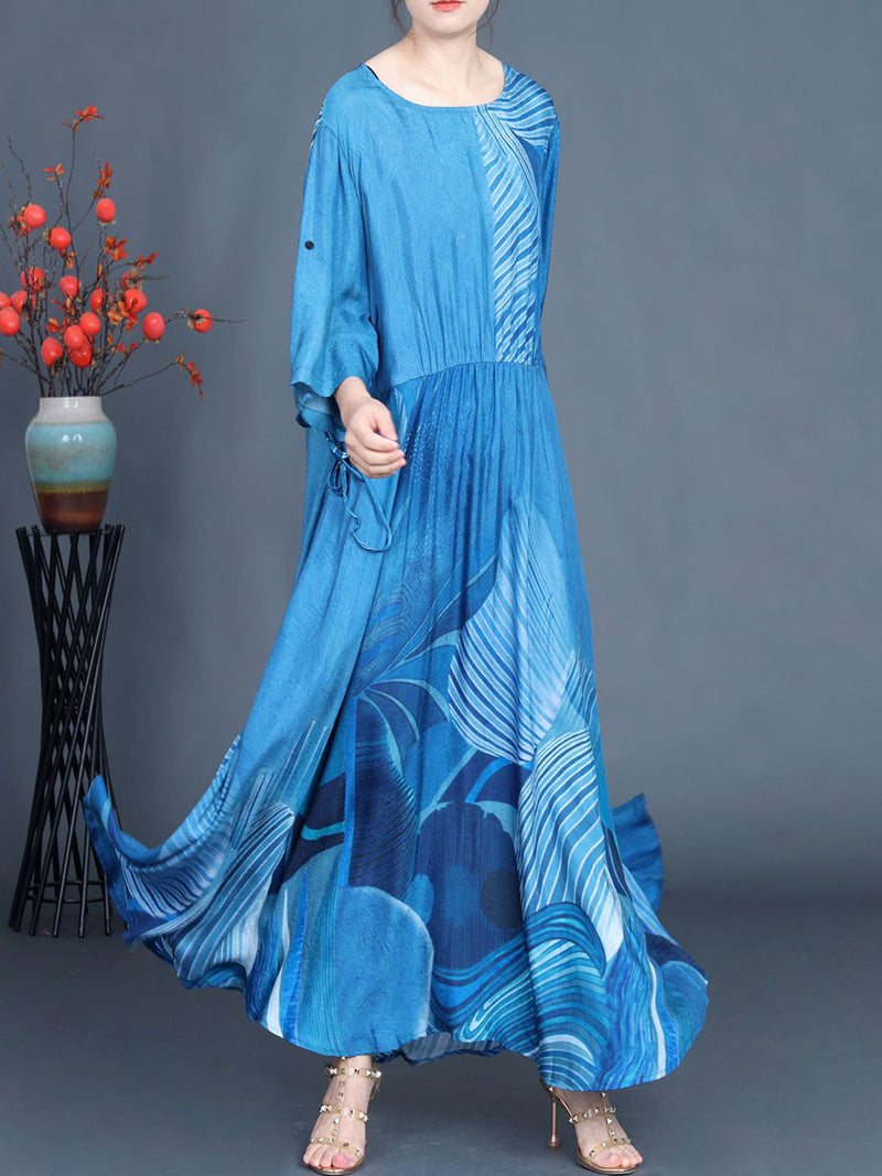Summer Print Blue O-neck Maxi Dress As1040