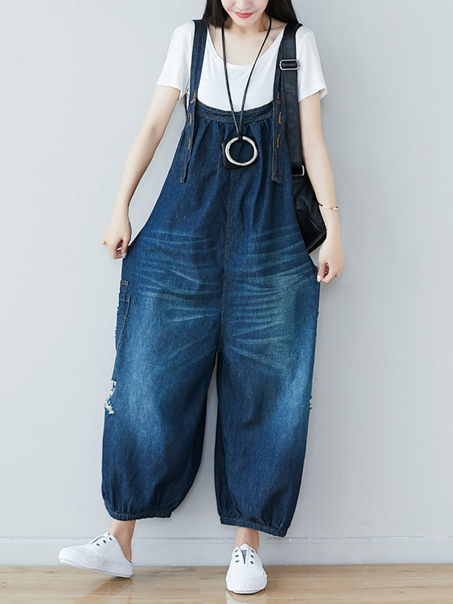 Summer Retro Frayed Washed Denim Jumpsuits Fg1034