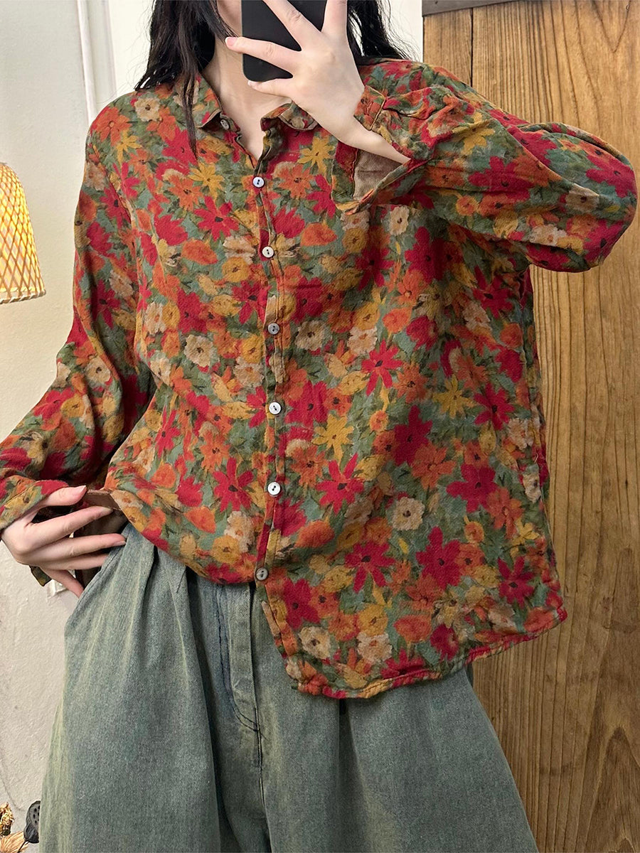 Autumn Flower Button-up Turn-down Collar Cotton Blouse As1032