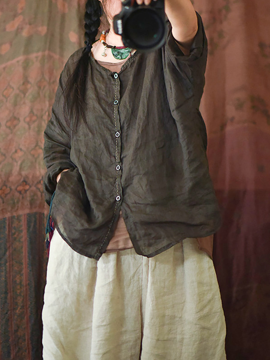 Summer Stitching Button Ramie Blouse At1063