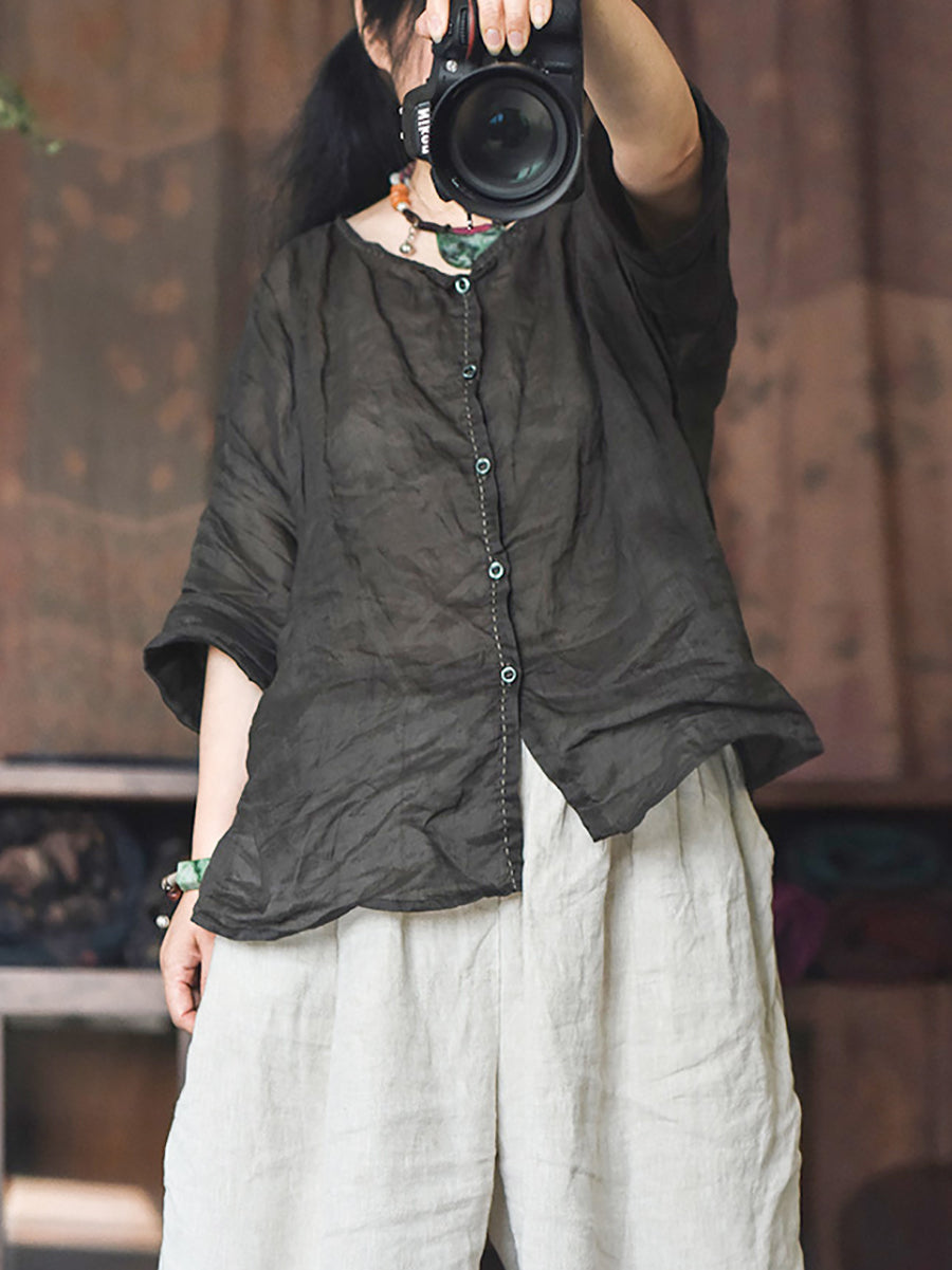 Summer Stitching Button Ramie Blouse At1063