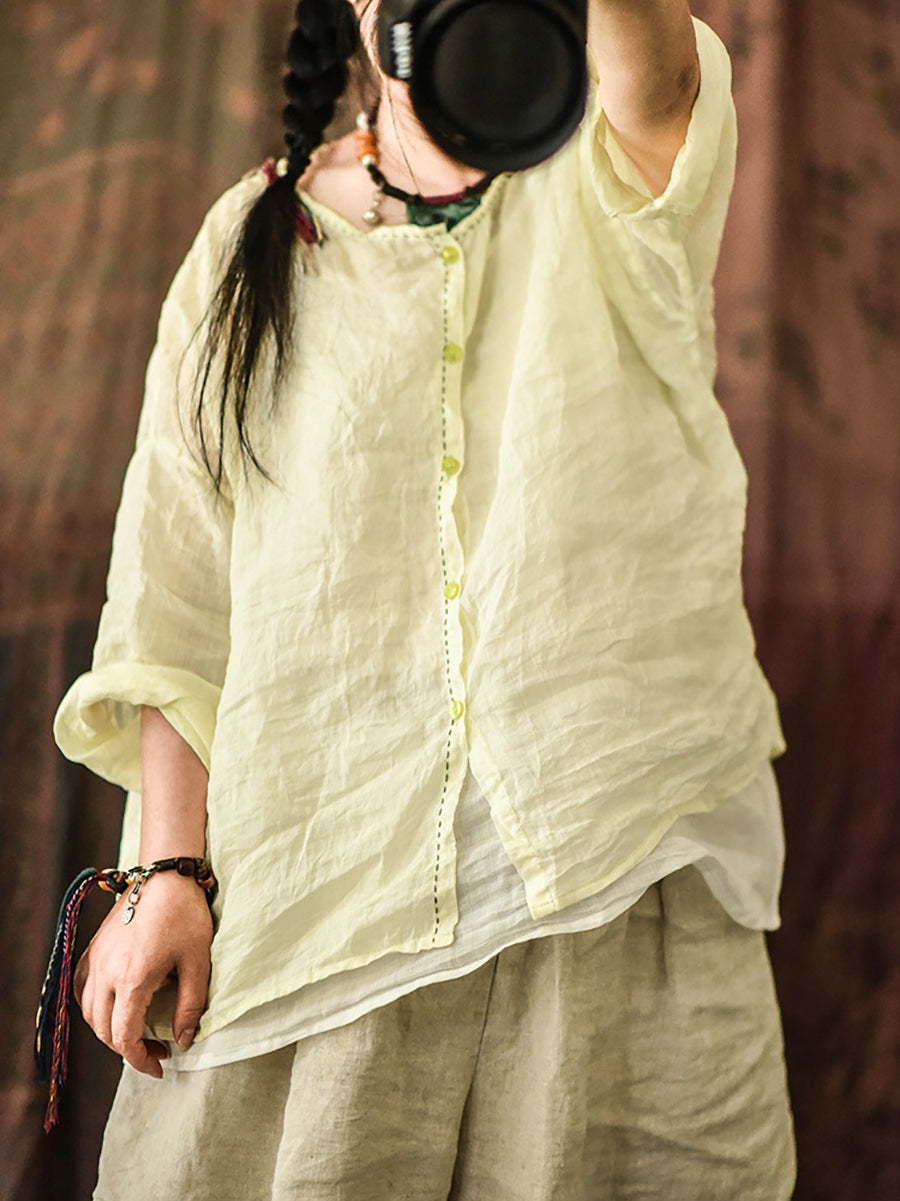 Summer Stitching Button Ramie Blouse At1063