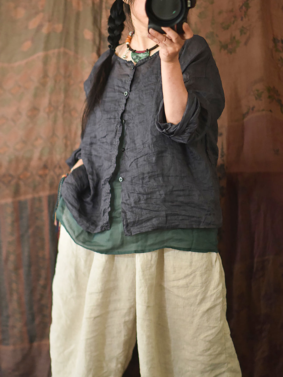 Summer Stitching Button Ramie Blouse At1063