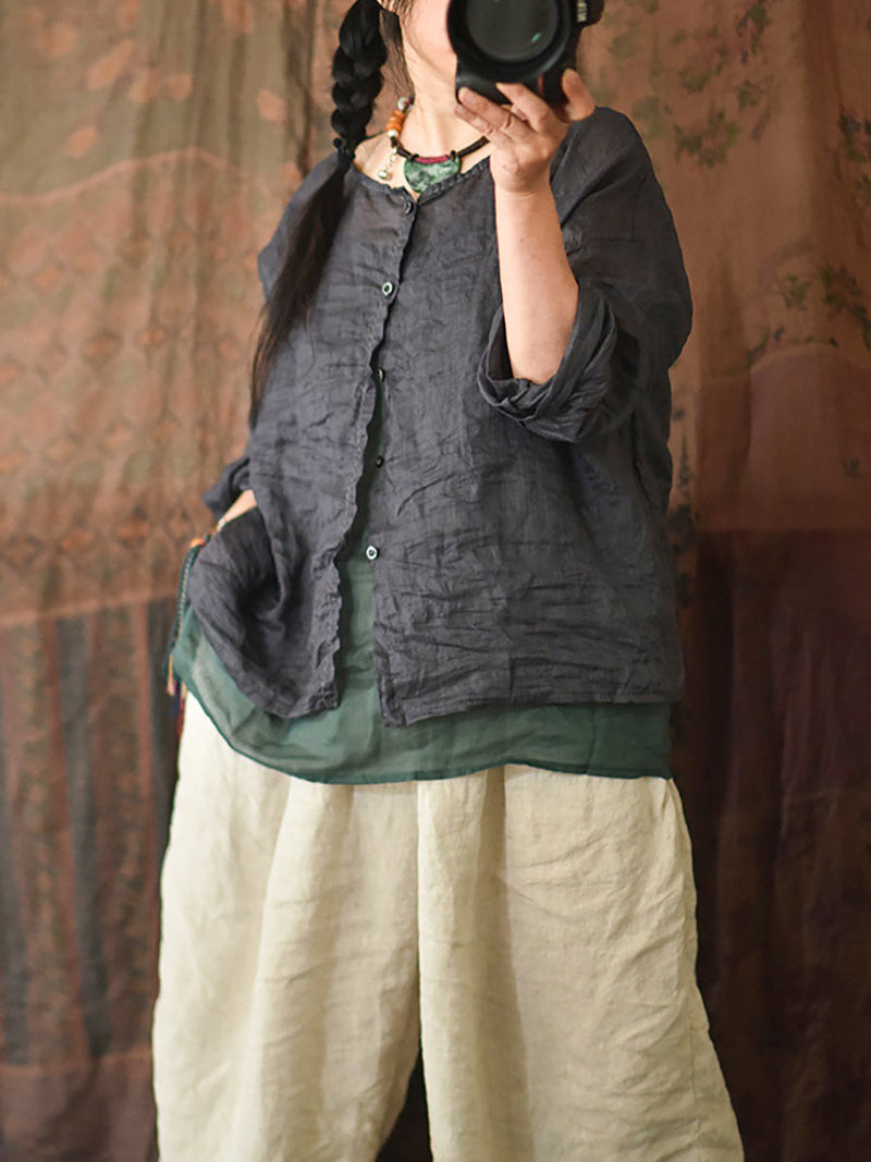 Summer Stitching Button Ramie Blouse At1063