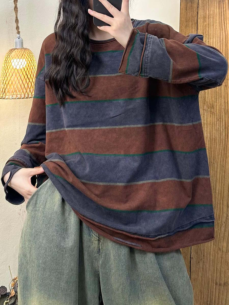 Autumn Colorblock Stripe O-neck Cotton Blouse At1071