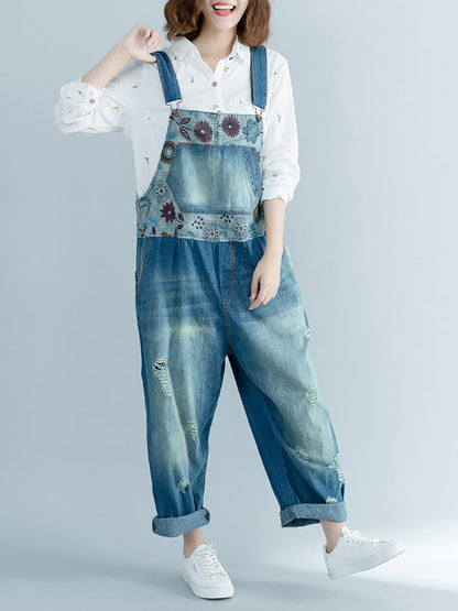 Artsy Flower Spliced Denim Frayed Jumpsuits At1048