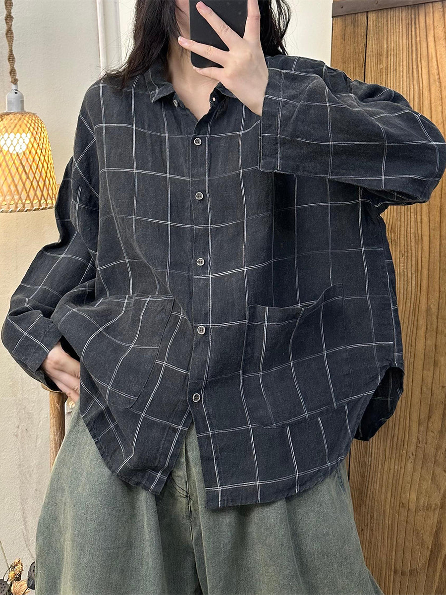 Autumn Plaid Turn-down Linen Blouse At1052