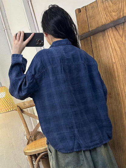 Autumn Plaid Turn-down Linen Blouse At1052