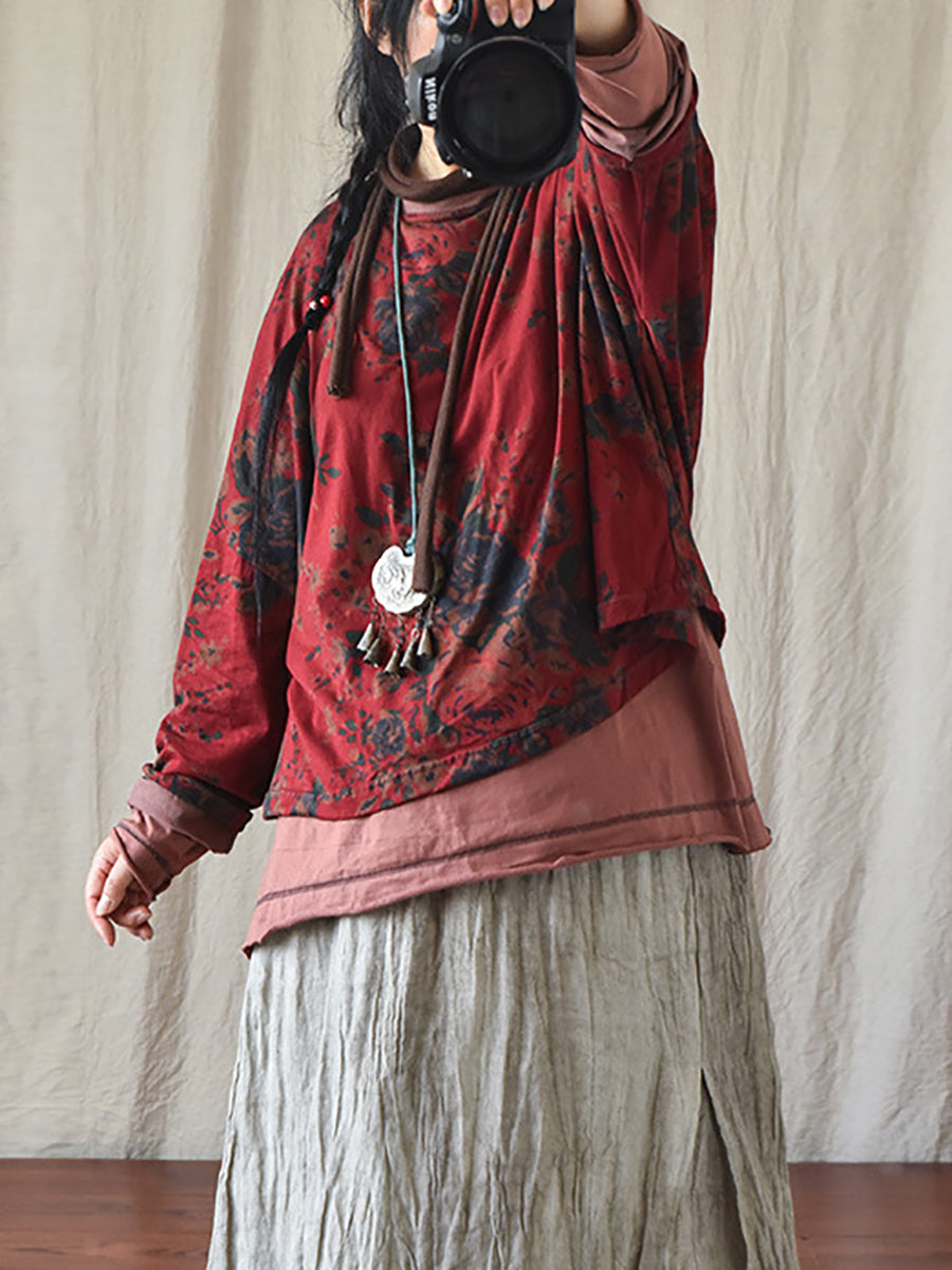 Flower O-neck Loose Cotton Linen Blouse As1009