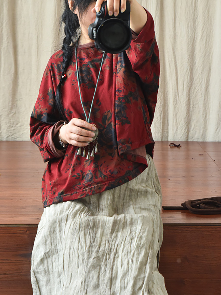 Flower O-neck Loose Cotton Linen Blouse As1009