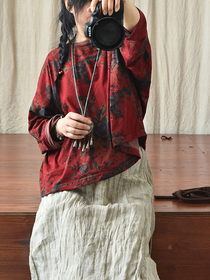 Flower O-neck Loose Cotton Linen Blouse As1009
