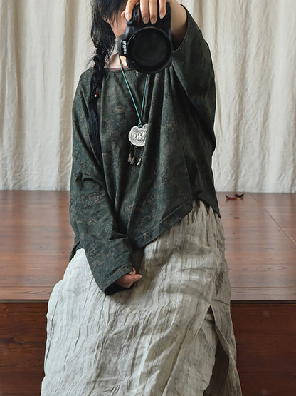 Flower O-neck Loose Cotton Linen Blouse As1009