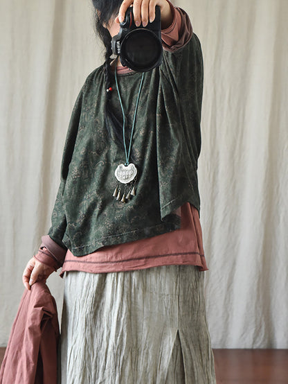 Flower O-neck Loose Cotton Linen Blouse As1009