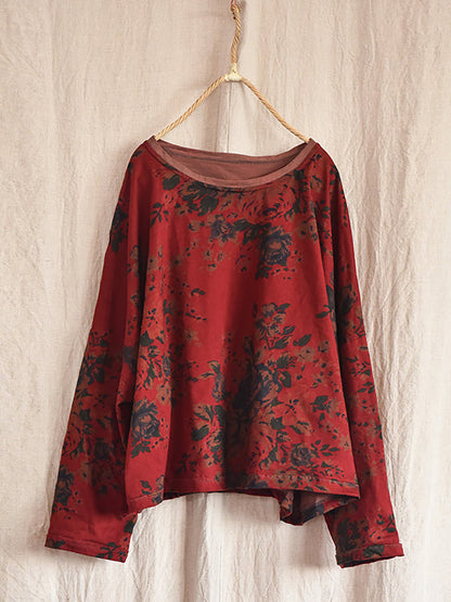 Flower O-neck Loose Cotton Linen Blouse As1009