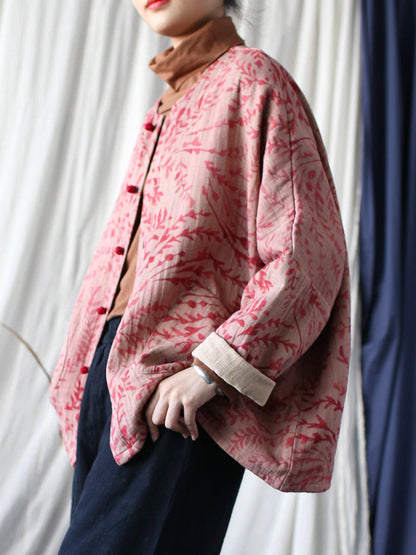Autumn Artsy Leaf O-neck Cotton Shirt Blouse At1019