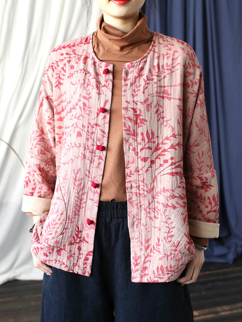 Autumn Artsy Leaf O-neck Cotton Shirt Blouse At1019