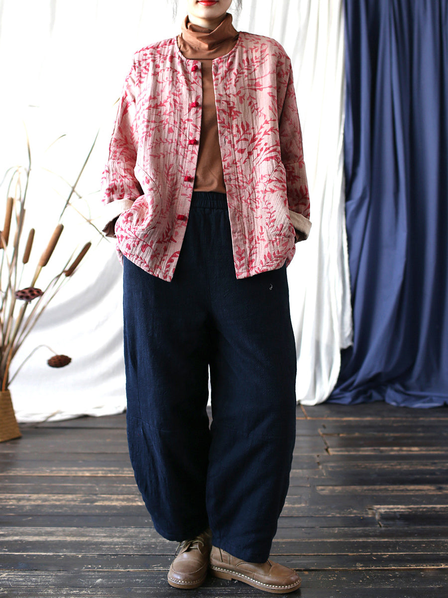 Autumn Artsy Leaf O-neck Cotton Shirt Blouse At1019