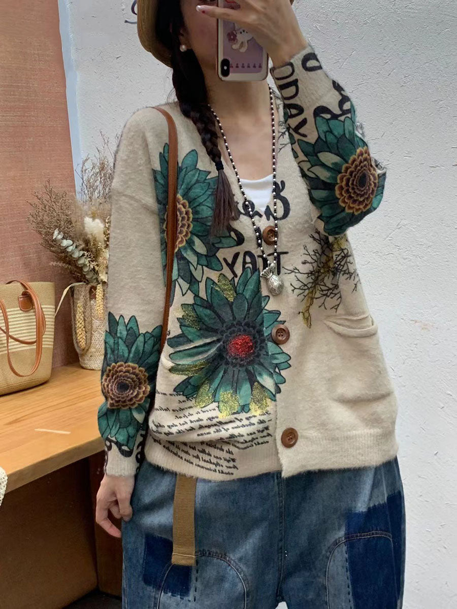 Autumn Flower Pocket V-neck Knit Cardigan Sweater Ai1056