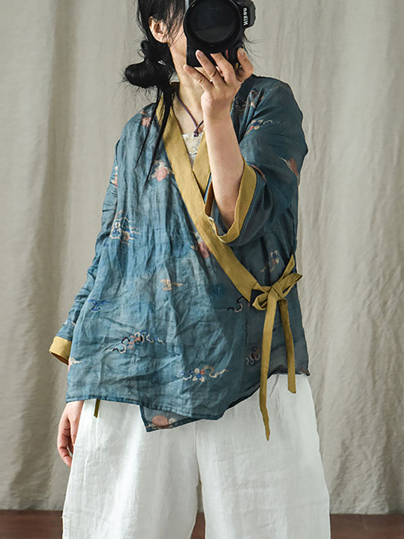 V-neck Colorblock Strap Ramie Blouse Ai1018