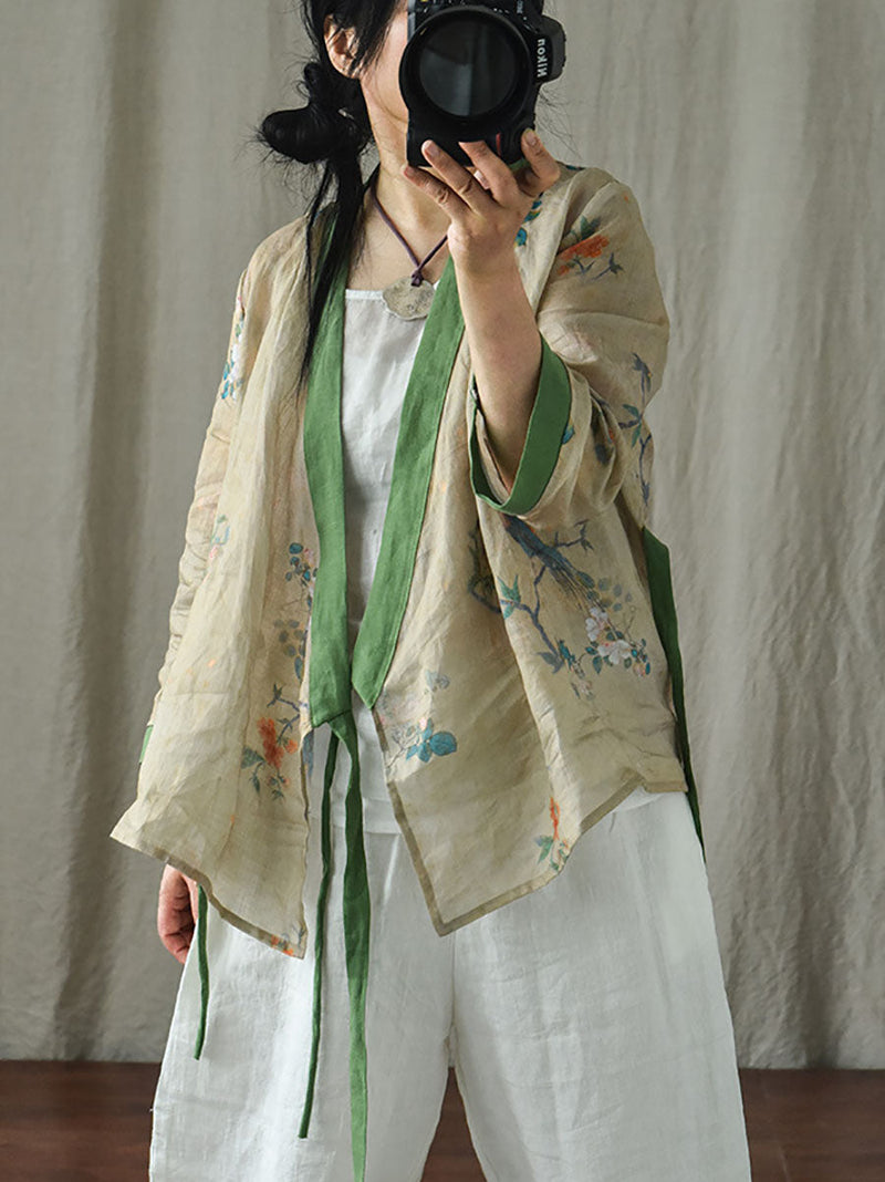 V-neck Colorblock Strap Ramie Blouse Ai1018