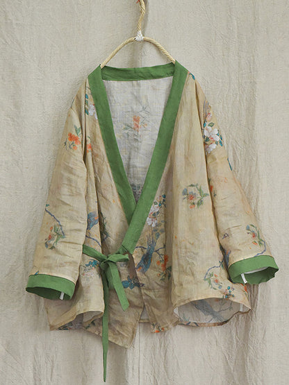 V-neck Colorblock Strap Ramie Blouse Ai1018