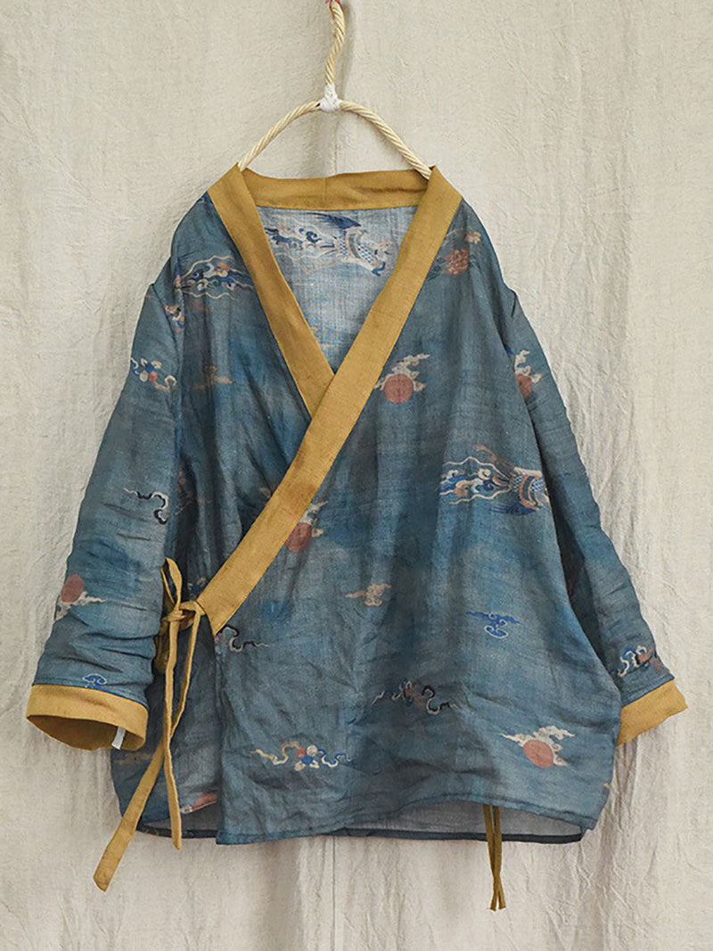 V-neck Colorblock Strap Ramie Blouse Ai1018