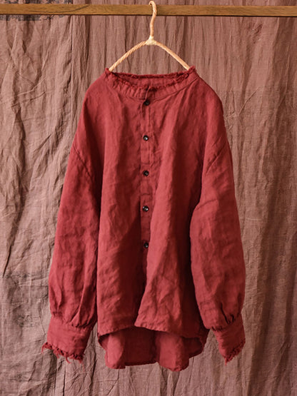 Autumn Button Raw-edge Linen Blouse Ai1044