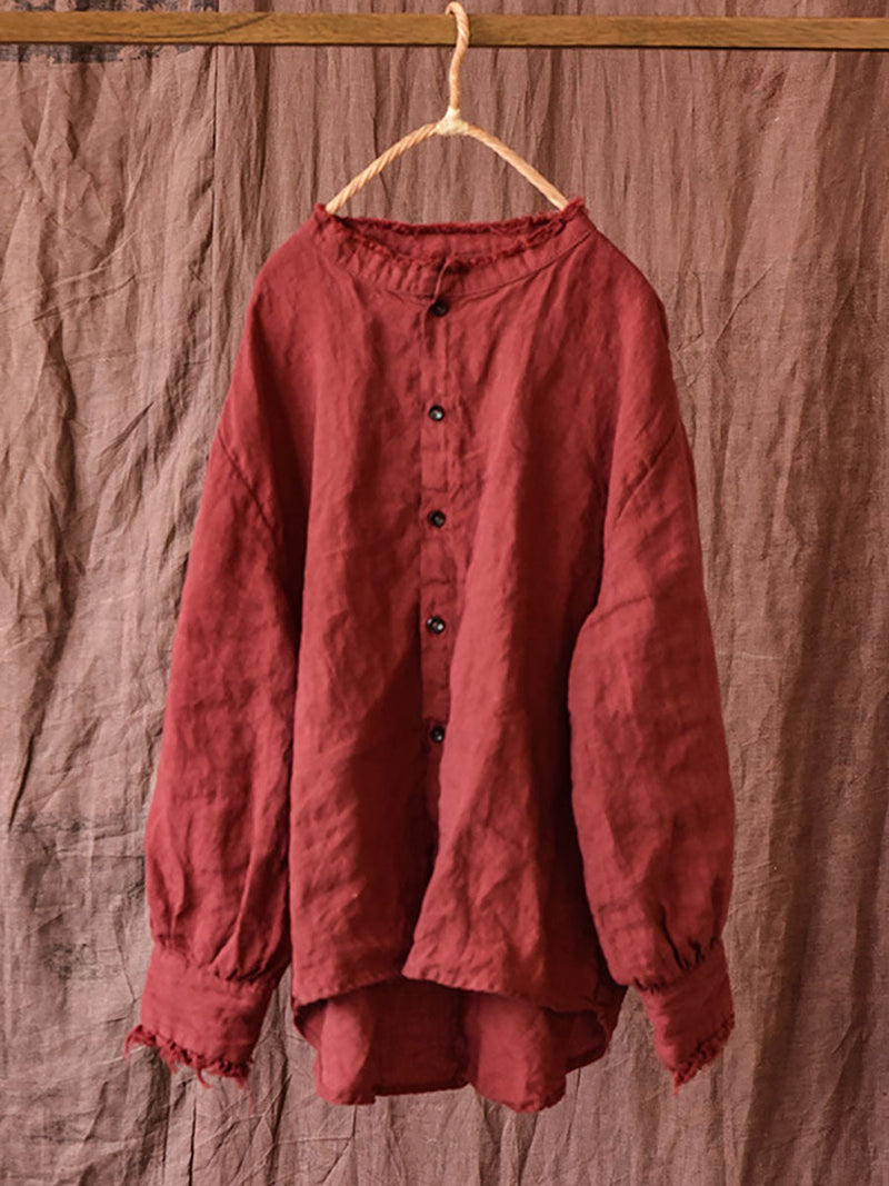 Autumn Button Raw-edge Linen Blouse Ai1044