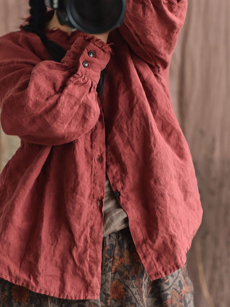 Autumn Button Raw-edge Linen Blouse Ai1044