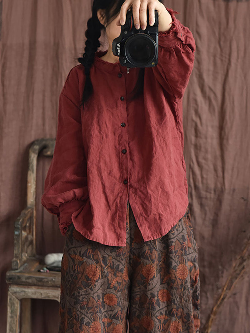 Autumn Button Raw-edge Linen Blouse Ai1044