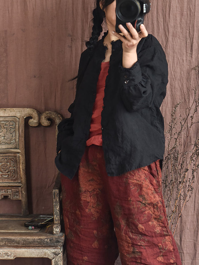 Autumn Button Raw-edge Linen Blouse Ai1044