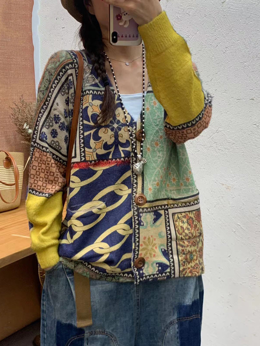 Autumn Flower Spliced V-neck Knit Cardigan Sweater Ai1055