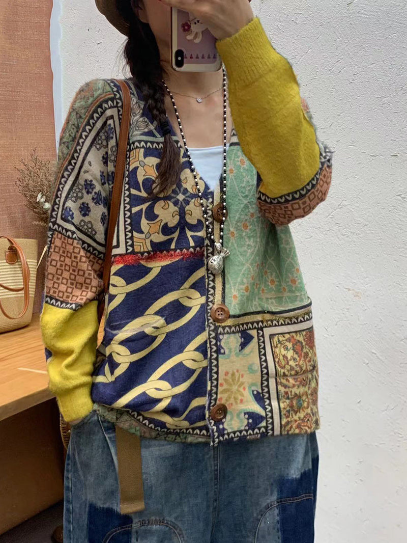 Autumn Flower Spliced V-neck Knit Cardigan Sweater Ai1055