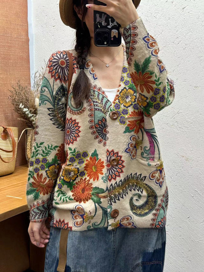Autumn Flower V-neck Knit Cardigan Sweater Ai1035