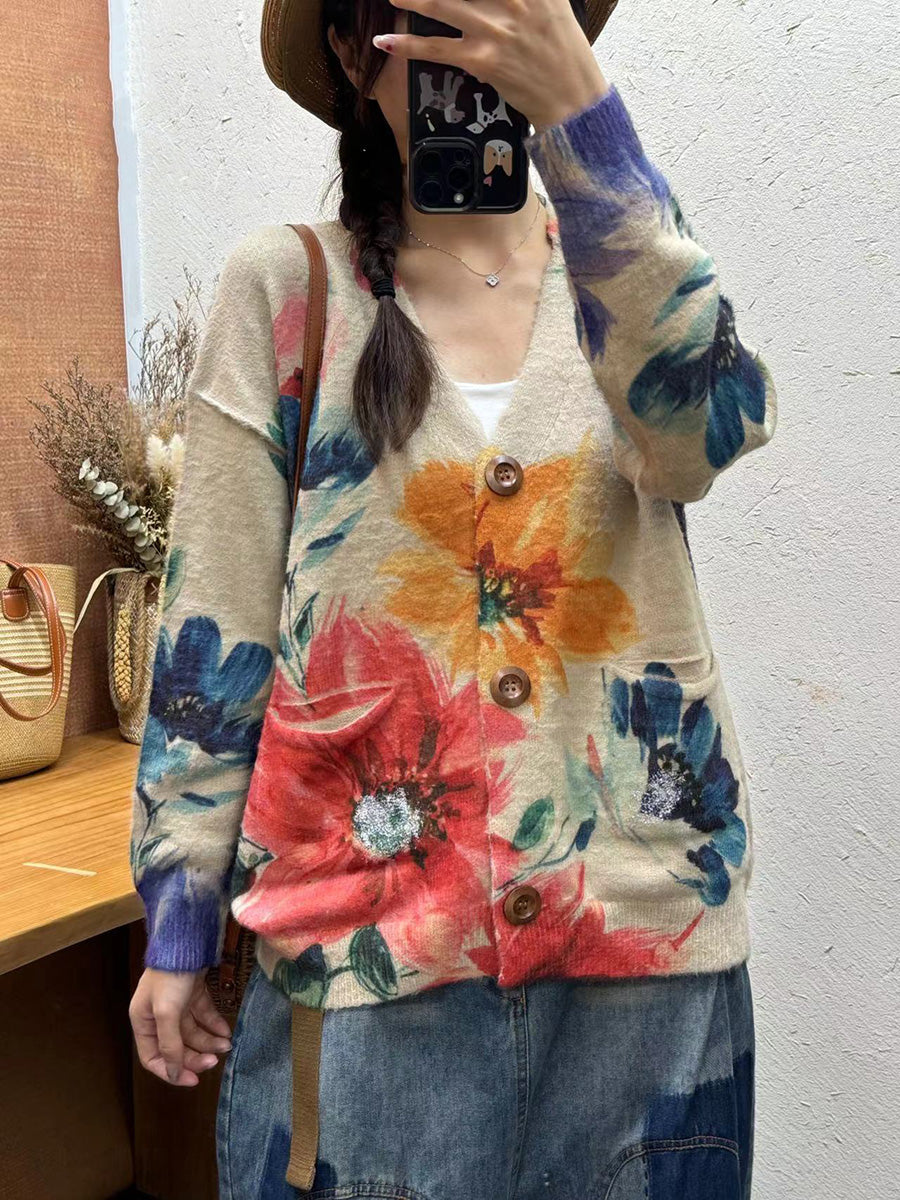 Autumn Flower V-neck Knit Cardigan Sweater Ai1035