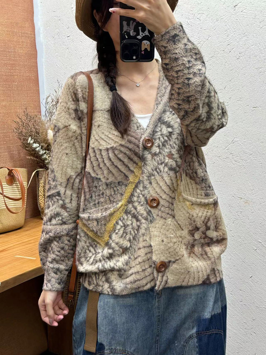 Autumn Flower V-neck Knit Cardigan Sweater Ai1035