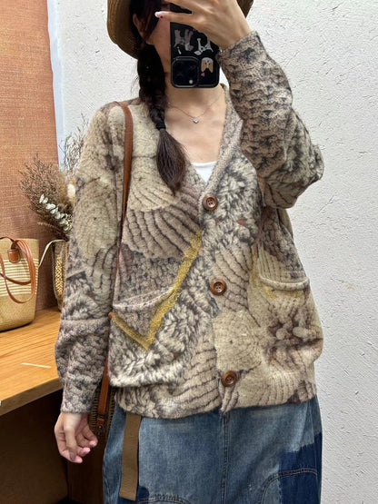 Autumn Flower V-neck Knit Cardigan Sweater Ai1035