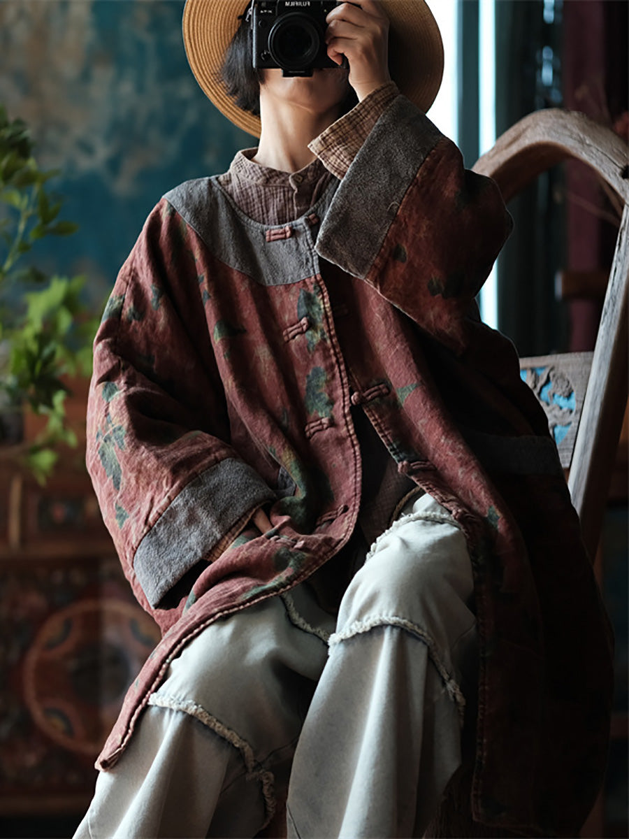 Autumn Flower Colorblock Linen Robe Coat Ai1060