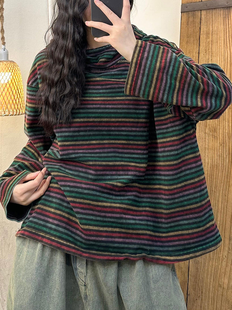 Autumn Stripe Colorblock Hooded Cotton Sweatshirt Ai1046