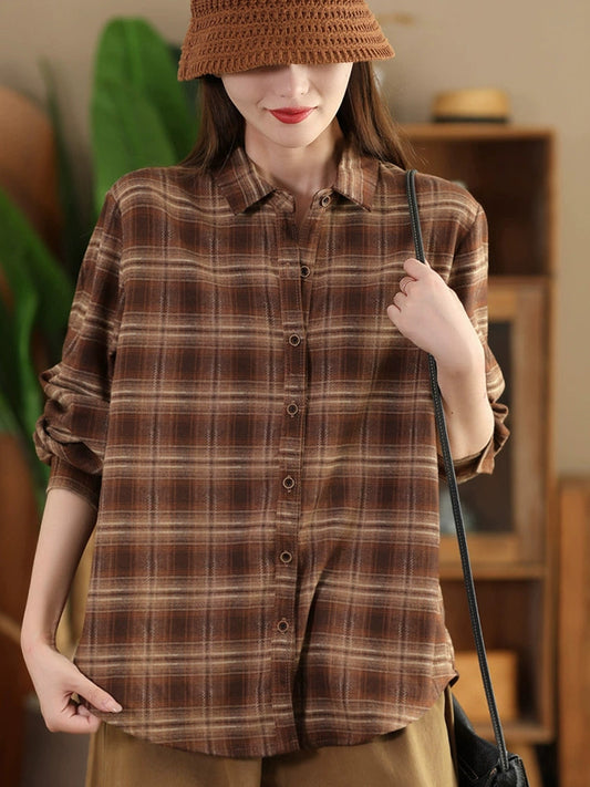 Autumn Plaid Button-up Cotton Blouse Ai1031